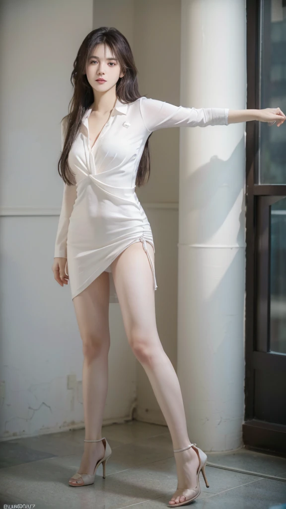 best quality, ultra high resolution, (photorealistic:1.4), (beautiful girl detailed:1.4),20d, solo, long_hair, shirt, dress, high_heels, full_body, look_at_viewer, (8k, RAW photo, best quality, mastery:1.2), (realistic, photo-realistic:1.37), professional ...