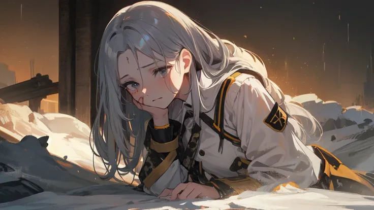 masterpiece:1.2), best quality , 独奏 ,pixiv, anime girl ，long straight white hair , black eyes ,Wearing off-white camouflage uniform ,ten years old，modern battlefield，(Eyes looking into the distance:1.3)，(look away:1.5)，snowy weather，dirty face，blood on for...