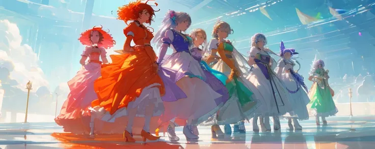 Create an image of a seven-member anime girl idol group, each wearing a unique, vibrant outfit in different colors: red, orange, mint green, purple, sky blue, pink, and yellow, identical to the provided image. The outfits should feature ruffled skirts, puf...