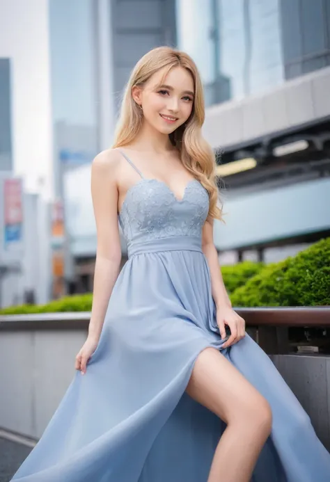 Leila、18-year-old、（Russian women）、（Cute face）、（Thin contours:1.3）、（Grey Eyes:1.8）、（Big Breasts:1.3）、（Narrow waist）、（Blonde semi-long hair:1.3）8-head-tall model style、Full body angle、smile、Long dress、Inside the city of Tokyo