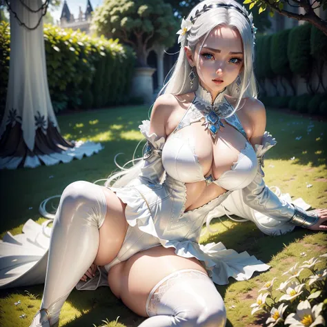 woman in a garden, Beautiful detailed eyes, beautiful detailed lips, extremely detailed eyes and face, long eyelashes, low-cut white blouse with long sleeves and high neck, white cape on shoulders,( Intricate Silver Earrings and Necklace)., pointy ears, (b...