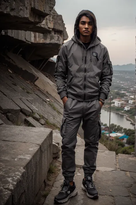 Young man indian face, wearing a gray hoodie jacket, cargo pants, standing on the edge of a high cliff. best quality