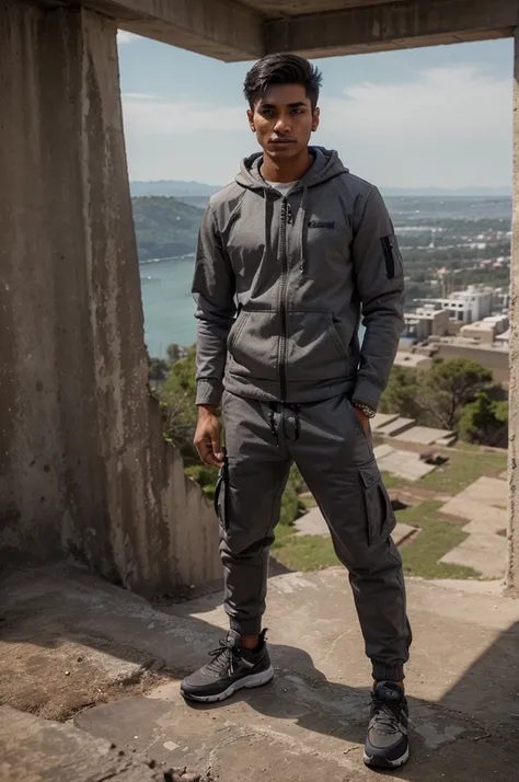 Young man indian face, wearing a gray hoodie jacket, cargo pants, standing on the edge of a high cliff. best quality