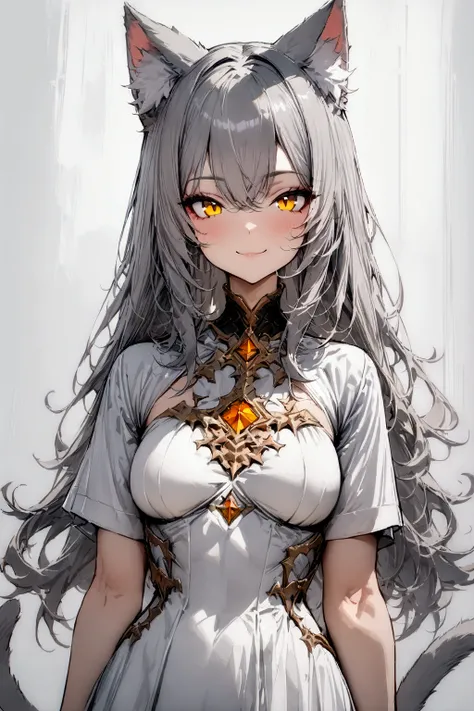 ((masterpiece)), ((best quality)), (from front), (half-body shot:1.36), perfect anatomy, 1girl, solo, cat girl, long gray straight hair, yellow eyes, gray cat ears, gray fluffy cat tail, short-sleeved white dress, smiling, looking at viewers