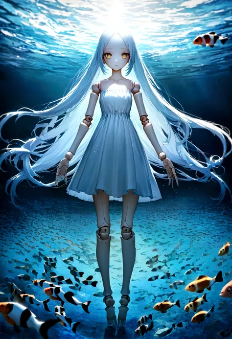 She swims gracefully in the beautiful blue sea with countless clownfish. light is shining from above, BJD, doll joints, doll joints, doll joints, BJD made of pure white glazed ceramics, full body, wide angle lens, A fantastic and aesthetic image, Large hal...