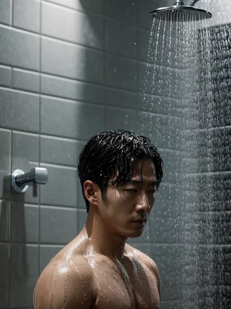 There was a man standing in the shower and his head foamy., Photos inspired by Jung Geun Lee, Tumblr, realism, Glittering from the rain, water dripping from him, Movie screen capture, South Korean man, movie screenshot, Still from the live action movie., O...