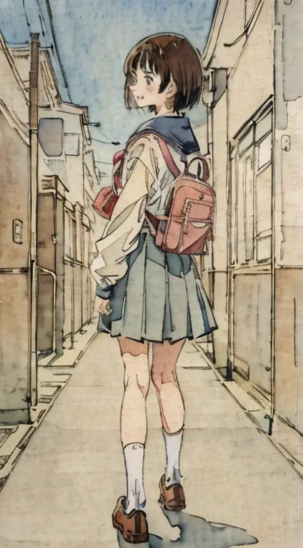 School classroom、Watercolor style、pale colour、Hand-drawn style, 15-year-old student、high school girl、School zone、Carry a school bag、Walking Girl Japan、Backward view、look back、High 、Laughter、frontage、Upper body、Brown Hair、short hair、Cowboy Shot