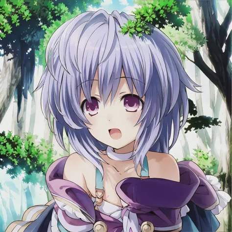 masterpiece, best quality, highly detailed, 1girl, plutia, outside, trees, clouds, sunny, lens flare, beautiful