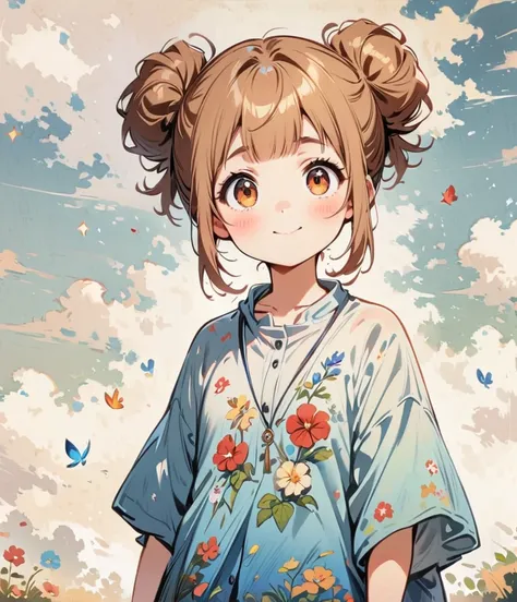 ひまわり畑, cartoonish character design，1 girl, alone，big eyes，cute expression，two hair buns，floral shirt，interesting，interesting，cle...