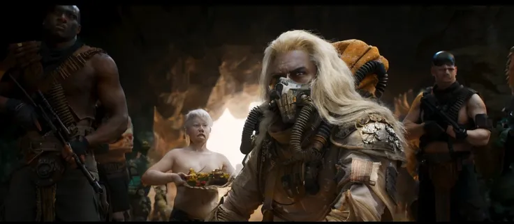 Many people in costumes standing in the cave, Dune 2 0 2 1 Movie scene, Live-action movie scenes, Epic sci-fi movie stills, still from live action movie, From《Mad Max：Fury Road》, Mad Max 狂怒之路风格, Rick Baker style, Rick Baker, Mad Max风格, Mad Max：Fury Road 剧照