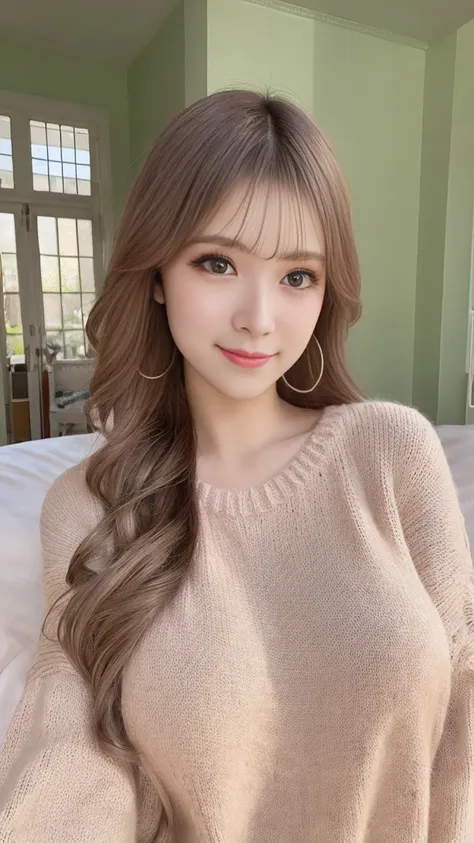 Pink nipples,(8K、 Highest quality、 masterpiece、 Realistic、 Very detailed:1.3)、(Photorealistic:1.2)、((Long knit sweater))、((Beautiful Japanese Women))、One Woman、Light brown hair、Big Breasts、Smart Body、Laughter、Very detailed顔、Detailed eyes