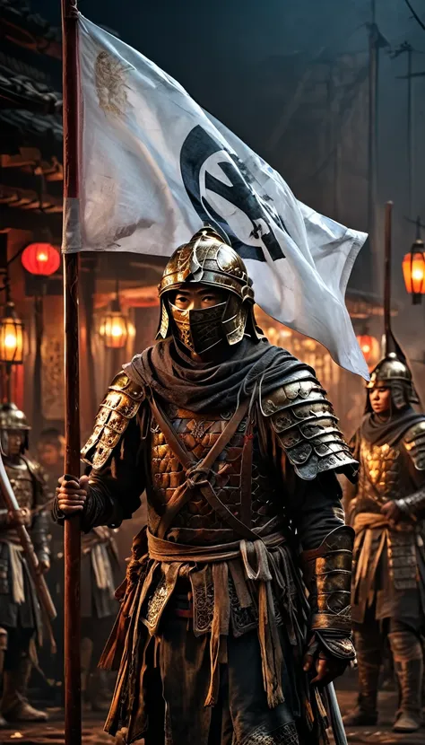 warriors in traditional chinese armor holding a white flag amidst the chaos of battle, background dark, hyper realistic, ultra d...