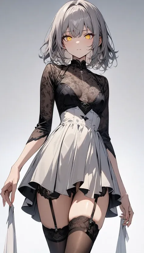 ((masterpiece)), ((best quality)), extremely detailed face, ((extremely detailed)), a handsome girl, solo, gray hair, medium hair,
yellow eyes, bright eyes,
semiformal dress, garter rings, expressionless