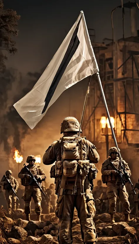 soldiers in modern combat gear holding a white flag on a contemporary battlefield, background dark, hyper realistic, ultra detai...