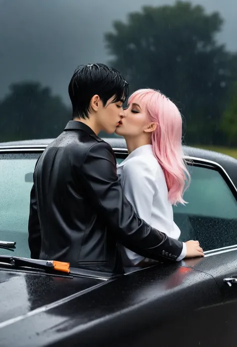 Masterpiece, Best Quality, Super detailed, illustartion, beautiful detail eyes, close up, with a boy and a girl. It was pink hair, White pleated shirt, cracked button on the chest, Upskirt. The boy has black hair, black catsuit, Black pants. Boys and girls...