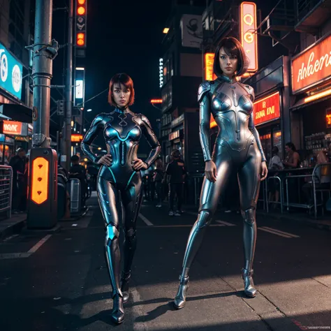 Cyborg woman without headdress, with short metallic hair.
full height, athletic and seductive figure.
Detailed face with high cheekbones and glowing eyes.
Flexible metal suit, resembling a second layer of skin.
Background: futuristic market or street with ...