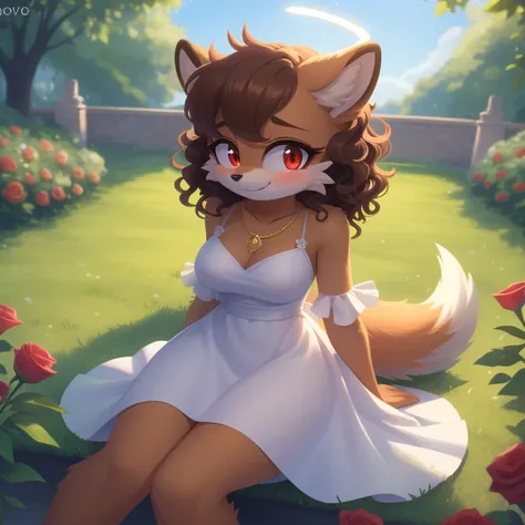 mobian, hedgehog, medium breasts, two-tone fur ((orange fur, brown fur)), dress, she is out in the open at a rose garden, seated on the grass like a princess, two-tone hair (brown hair, black tip)), curly hair, halo, jewelry, red eyes, longeyelashes, red e...