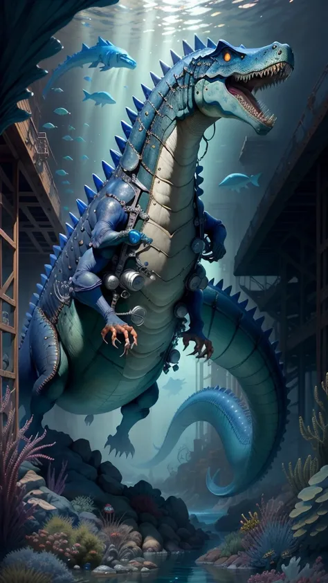 A mechanical Mosasaur swimming in the deep sea，Giant Mosasaur，Dinosaur made of mechanical structure，deep blue sea，Titan Behemoth，The underwater world，Ultra-clear，Lots of details