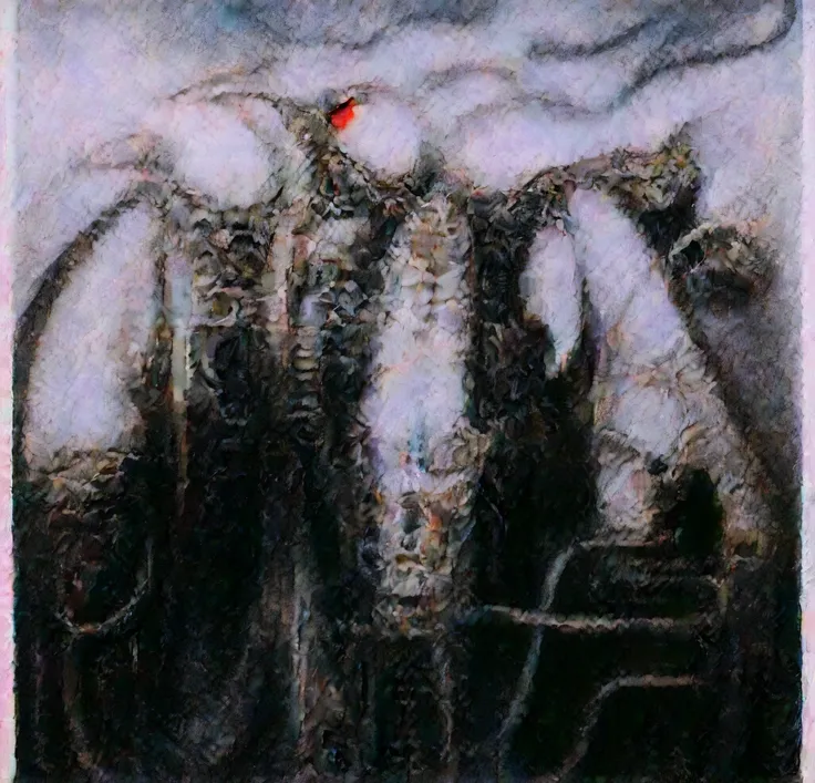 g1g3r, The image is a detailed view of H.R. Gigers biomechanical tableau " Landscape XVI " plate, featuring
surrealistic painting of a monster with multiple tentacles and a body that looks like a brain, surrounded by a chaotic scene of swirling clouds and ...