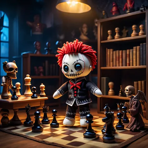 (knitted toy voodoo doll:1.7), (voodoo playing chess:1.3), (clothing: casual clothes with glowing symbols:1.0), (accessories: enchanted chessboard that emits sparks of strategic magic, ghostly chess pieces floating in the air:1.1), (background: mystical of...