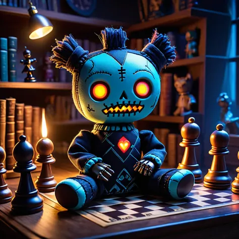 (knitted toy voodoo doll:1.7), (voodoo playing chess:1.3), (clothing: casual clothes with glowing symbols:1.0), (accessories: enchanted chessboard that emits sparks of strategic magic, ghostly chess pieces floating in the air:1.1), (background: mystical of...