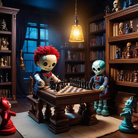 (knitted toy voodoo doll:1.7), (voodoo playing chess:1.3), (clothing: casual clothes with glowing symbols:1.0), (accessories: enchanted chessboard that emits sparks of strategic magic, ghostly chess pieces floating in the air:1.1), (background: mystical of...