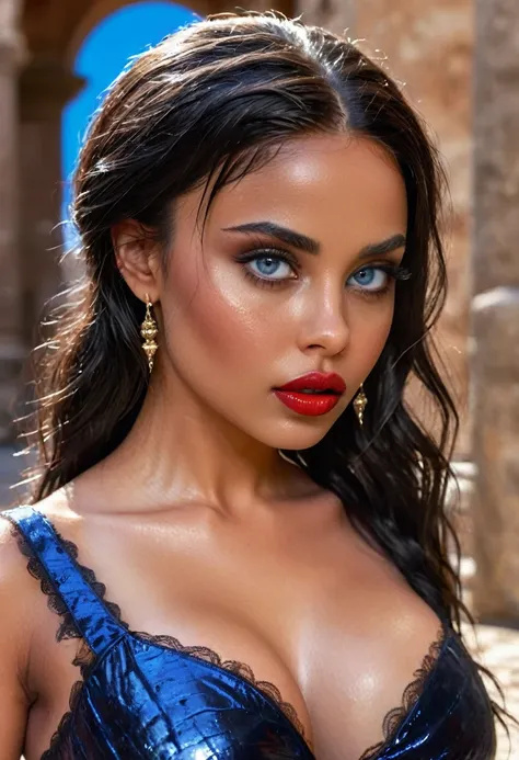 (muste piece, highest quality)((8k)),full body,super detailed,arab girl,wide eyebrow,black skin(elegance lace black dress ,full body) ,blue eyes red lips,,photorealistic,dark bronze shiny skin,beautiful female mode,dark skin Black woman in clothes from bib...