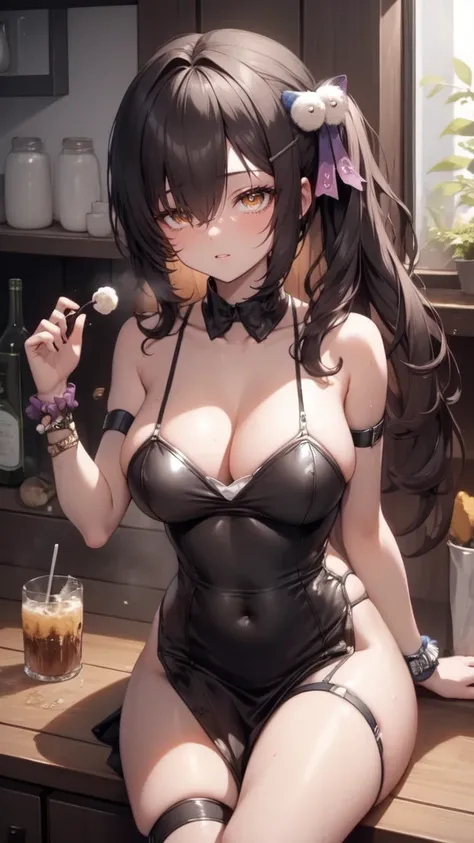 1girl, solo, hair ornament, (naked:1.3), (white apron), large breasts, cleavage, thighs, kitchen background, (blushing:1.3), naga, brown hair, ponytail, golden eyes, dark skin, gal, naga, lewd, she is wet, ponytail, short hair, black skin, shiny