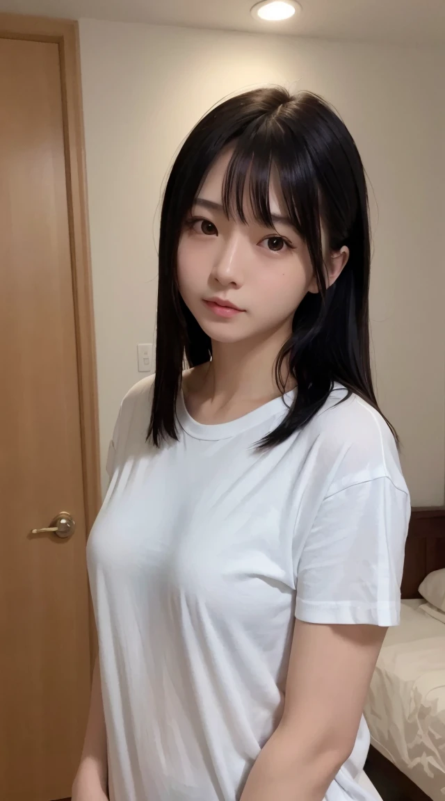 (Highest quality、、32k、masterpiece、Best Quality、Realistic）)、Black Hair、Small breasts、room、（Selfie、Wearing a long T-shirt）