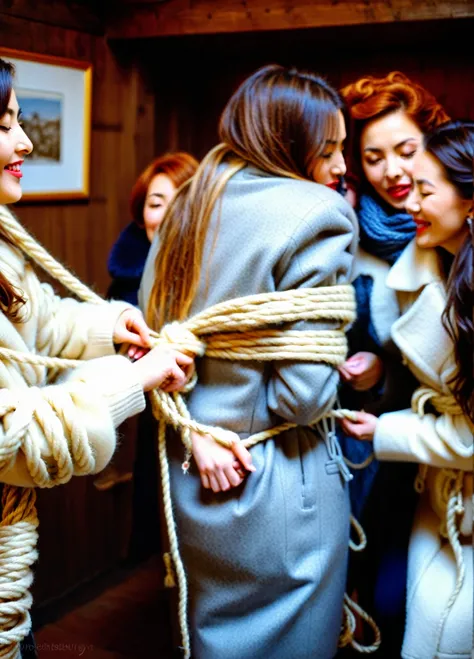 Two Woman in wool winter coat tied up with a lot of rope, kissed and hugged by other women in winter coat  