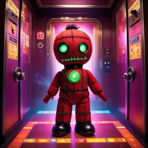 (knitted toy voodoo doll:1.7), (Voodoo Elevator Ride:1.3), (Clothing: casual outfit with glowing button symbols:1.0), (Accessories: enchanted elevator buttons emitting sparks of ascent magic, levitating spectral floor indicators:1.1), (background: mystical...