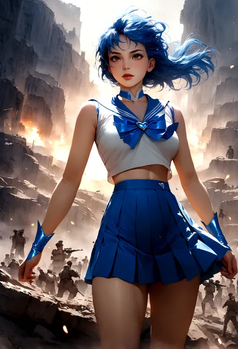 (masterpiece), (Highest quality), Realistic, Cinematic Light, Mizuno Ami, Sailor Mercury, stand, Battlefield Background, Perfect body, Blue Hair, uniform  