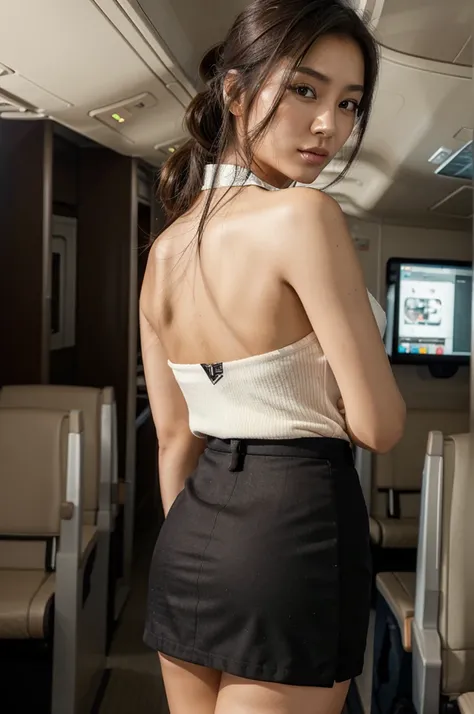 [((young attractive Asian woman:1.5)), ((Sophie Tan:1.4)), standing in an airplane aisle, with her back to the camera. She is wearing ((a tight, short flight attendant uniform with a skirt that has blown up, exposing her buttocks:1.2)), paired with a neck ...