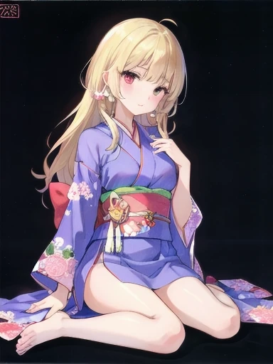 a blonde、Red eyes、Beautiful girl alone、Sexy、Princess Cut、Floral Kimono、Western-style castle、Meticulous feet、Fingers arranged neatly