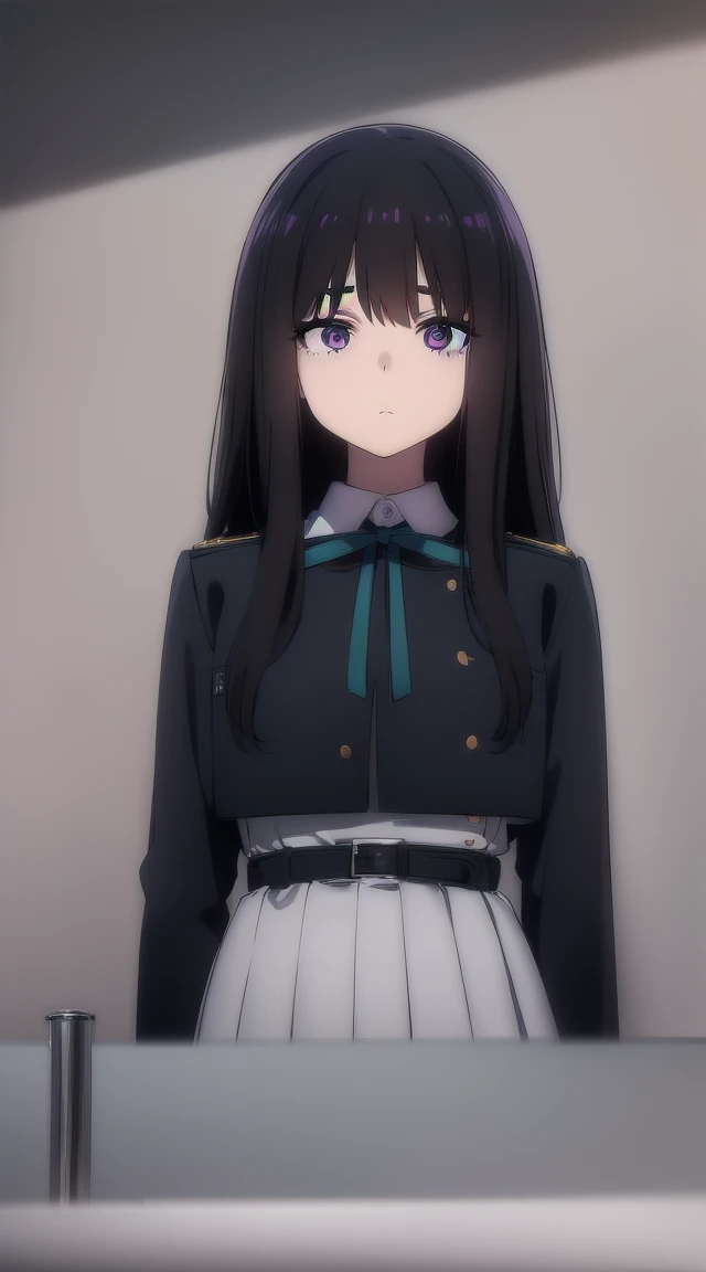 1girl,((black hair))
BREAK ((inoue takina, long hair, bangs, black hair, (purple eyes:1.2),crop top, white socks, shirt, long sleeves, dress, ribbon, , white shirt, collared shirt, belt, neck ribbon, blue dress, green ribbon, pleated dress, grey dress, two...