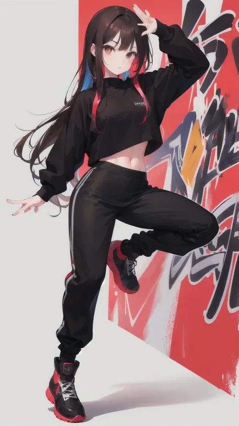 girl dancing, full body shot, hip hop style dancing, black pants, black sweater, highly detailed face and long brown hair, detailed brown eyes, long fingers,
colourful graffiti background