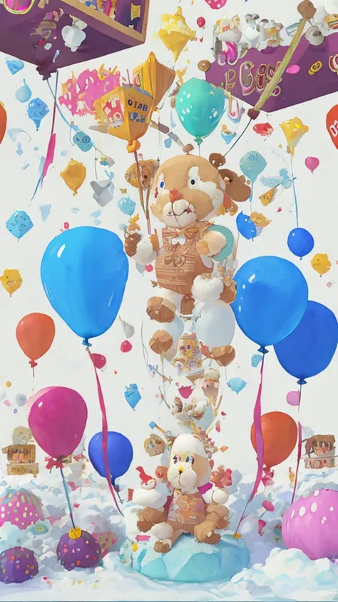 A seamless pattern，Watercolor teddy bear in hot air balloon，Animated characters floating in the decoration，Patterned balloons，A light neutral color on a white background is