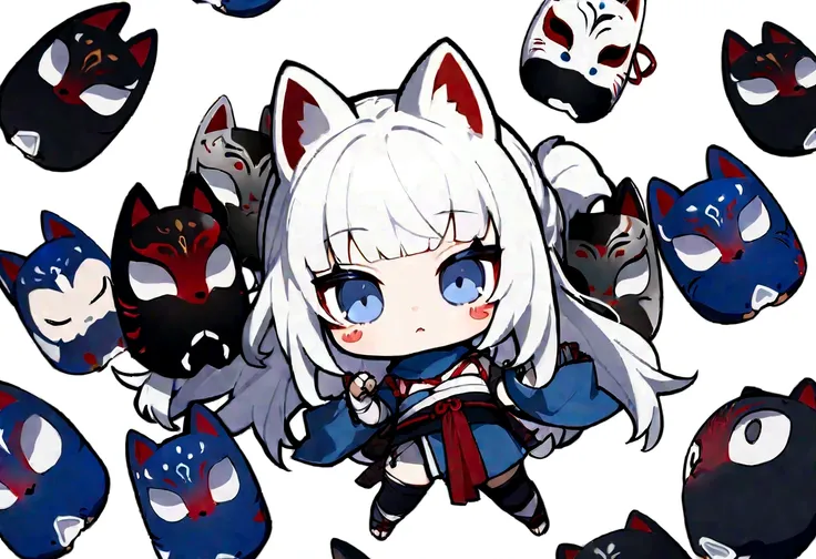 Black Hai Niso。solo、1 person、whole body、Fall down、sleep、sleep、Stickers、White Gauntlet、chibi,No sleeve、Bleaching、(masterpiece, best quality:1.2), 1girl, 独奏,Wolf girl, fox mask, ninja, girl, white hair, odd eyes, blue kimono, ninja girl, red and blue scarf,C...