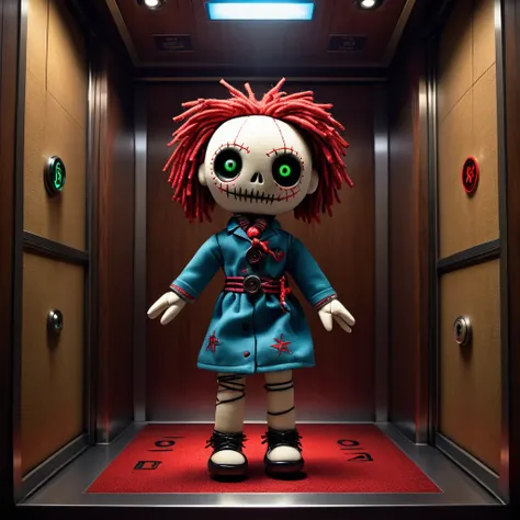 (knitted toy voodoo doll:1.5), (voodoo in the elevator:1.3), (Clothing: casual outfit:1.0), (Accessories: enchanted elevator buttons that emit sparks of lift magic, levitating spectral floor indicators:1.1), (background: mystical elevator with glowing floo...