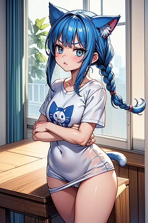 1 female, small kid cat girl, realistic lips oversized white t-shirt going all the way to the thighs, arms crossed under breast, hourglass figure, white eyes, french braid, blue hair, annoyed, cat ears, in an apartment, best quality
