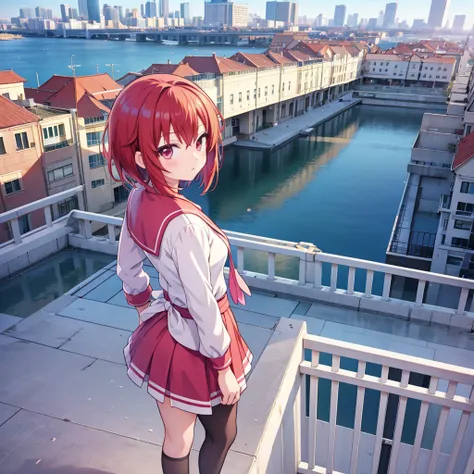 Anime girl standing on a balcony with the city in the background, Real anime girl, Red hair short cut, Attractive anime girl, Beautiful anime school girl, Shinkai Makoto and Art Germ, Realistic anime 3D style, Photorealistic anime, Enchanting anime girl, B...