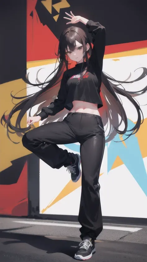 a girl dancing, full body shot, hip hop style dancing, black pants, black sweater, highly detailed face, long brown hair, detailed brown eyes, long fingers, colourful graffiti background, (best quality,4k,8k,highres,masterpiece:1.2),ultra-detailed,(realist...