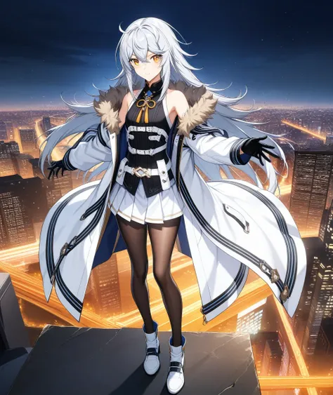 1girl, bangs,long_hair,独奏, yellow eyes, black legwear, jacket, pantyhose, silver hair, skirt, bare shoulders, eyebrows visible through hair, ahoge, gloves, white hair, small breasts,long sleeves,hair between eyes, standing, white skirt, shirt,sleeveless, s...