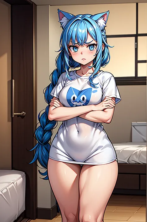 1 female, small kid cat girl, realistic lips oversized white t-shirt going all the way to the thighs, arms crossed under breast, hourglass figure, thick thighs, white eyes, french braid, blue hair, annoyed, cat ears, in an apartment, best quality
