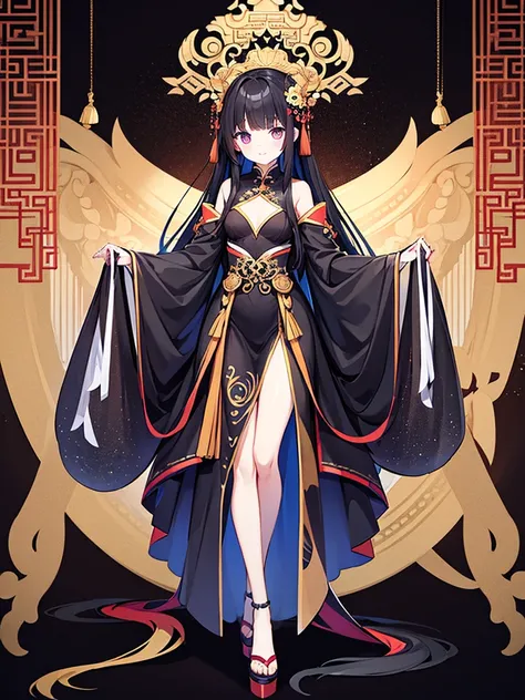 Full-body portrait、Are standing、Black Hair、Messy hair、Very long hair、Long Hair、A revealing black Chinese curtain dress