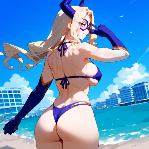 anime artwork, score_9, score_8_up, score_7_up, score_6_up, score_5_up, score_4_up, Mount Lady, blonde hair, purple eyes, big breasts, she is 24 years old, style_3, , bikini, V, back background