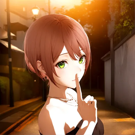 Close your left eye、Close your left eye、Hold up the index finger of your right hand、anime girl with brown hair and green eyes standing on a street, realistic anime 3 d style, smooth anime cg art, made with anime painter studio, anime style. 8K, anime. Soft...