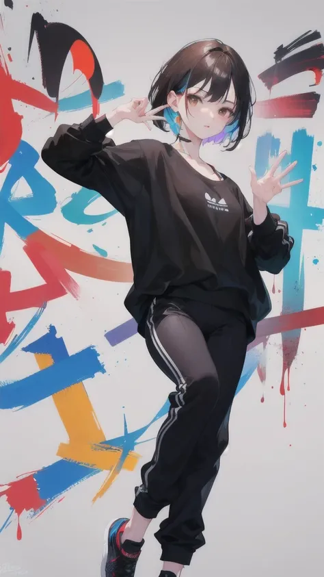 a girl dancing, full body shot, hip hop style dancing, black pants, black sweater, highly detailed face, longer brown hair, detailed brown eyes, long fingers, colourful graffiti background, (best quality,4k,8k,highres,masterpiece:1.2),ultra-detailed,(reali...