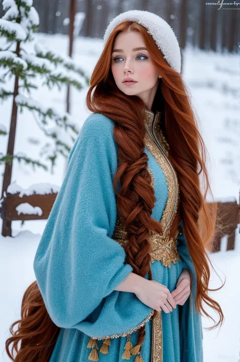 A gorgeous, pretty, shiny, kind-hearted, warm-hearted, sweet, polite, sensitive, friendly, charming, graceful, stylish, classy, alluring, majestic, ethereal, angelical ginger long haired russian woman dressed in traditional winter costumes.