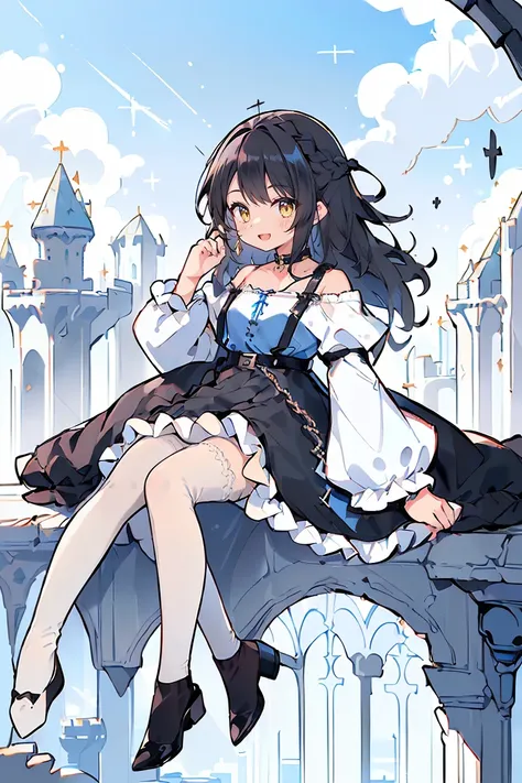 1 girl, solo, full body, background with((fantasy world, ruins, fort, beautiful sky, shining sky, sunshine, castle:1.55)), girl with(((medium hair, long hair, one side up:1.48), (camisoles, suspenders, belt, blue clothes, cross, choker, collarbone, dress, ...